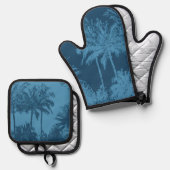Makena Beach Hawaiian Sketchy Palmen Blauw Ovenwant & Pannenlap Set (Voorkant / Achterkant)