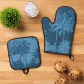 Makena Beach Hawaiian Sketchy Palmen Blauw Ovenwant & Pannenlap Set (Top down)