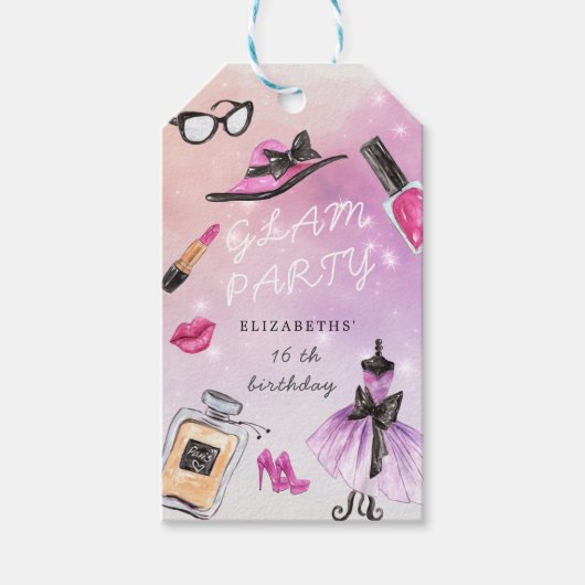 Makeover Glam Sparkle verjaardagsfeestje Cadeaulabel (Voorkant)