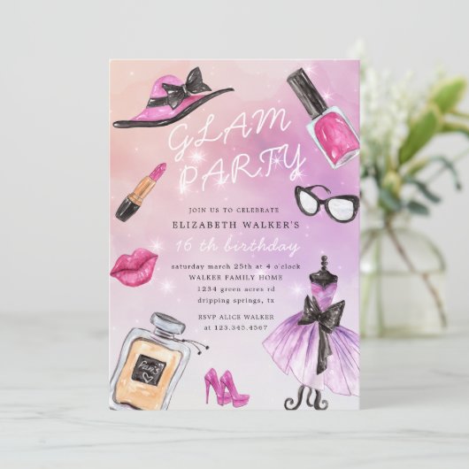 Makeover Glam Sparkle Verjaardagsfeestuitnodiging Kaart (Staand voorkant)