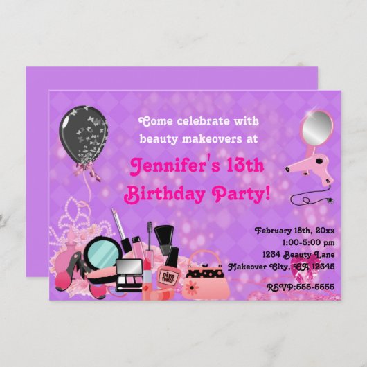 Makeover Make-up Beauty Girls Party Uitnodigingen (Voorkant / Achterkant)