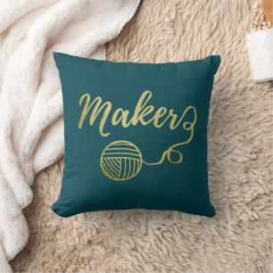 Maker Yarn Crafts Typografie Faux Gold Blauwgroen Kussen