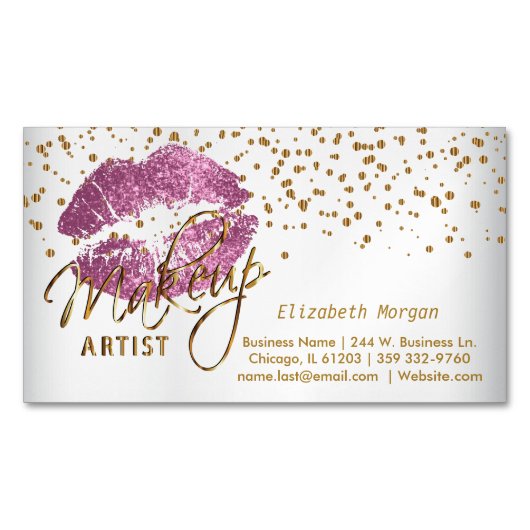 Makeup-artiest - Gold Confetti & So Pink Lips Magnetisch Visitekaartje (Voorkant)