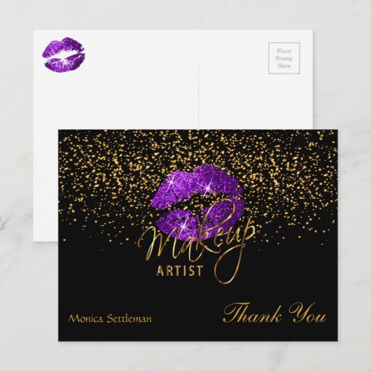 Makeup Artiest Paars Lips op Black Briefkaart (Voorkant / Achterkant)