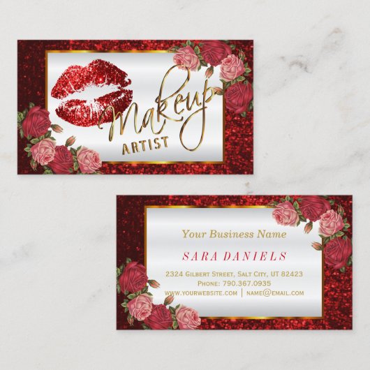 Makeup artiest - Red Rose Glitter Lip Design Visitekaartje (Voorkant / Achterkant)
