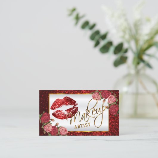 Makeup artiest - Red Rose Glitter Lip Design Visitekaartje (Staand voorkant)