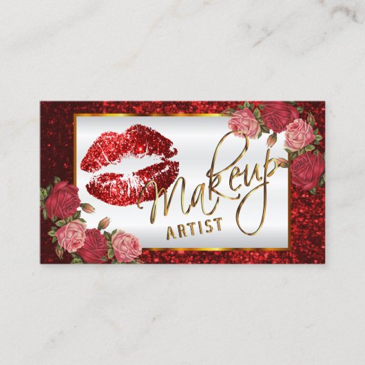 Makeup artiest - Red Rose Glitter Lip Design Visitekaartje (Voorkant)