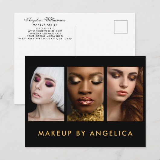 Makeup Artist 3 Foto Gold Business Briefkaart (Voorkant / Achterkant)