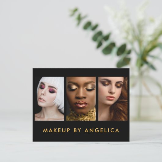 Makeup Artist 3 Foto Gold Business Briefkaart (Staand voorkant)