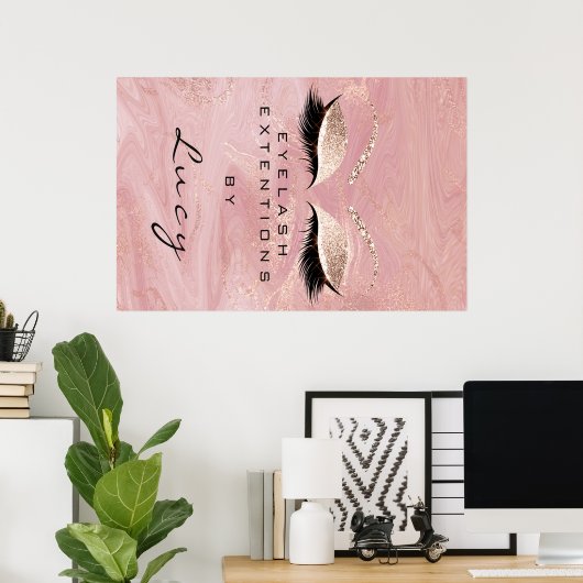 Makeup Artist Beauty Salon Lashes Roze Glitter Poster (Thuiskantoor)