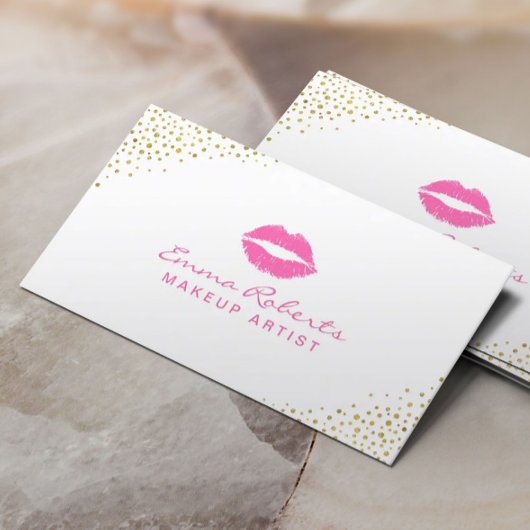 Makeup Artist Beauty Salon Pink Lips Gold Confetti Visitekaartje