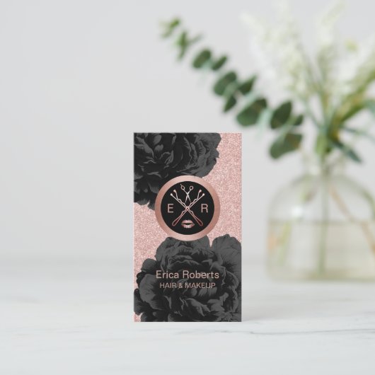 Makeup Artist Beauty Salon Roos Gold Black Floral Visitekaartje (Staand voorkant)