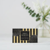 Makeup Artist Black Floral Modern Gold Stripes Visitekaartje (Staand voorkant)