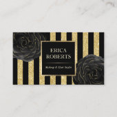 Makeup Artist Black Floral Modern Gold Stripes Visitekaartje (Voorkant)
