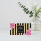 Makeup Artist Black & Gold Stripes Modern Floral Visitekaartje (Staand voorkant)