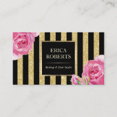 Makeup Artist Black & Gold Stripes Modern Floral Visitekaartje (Voorkant)