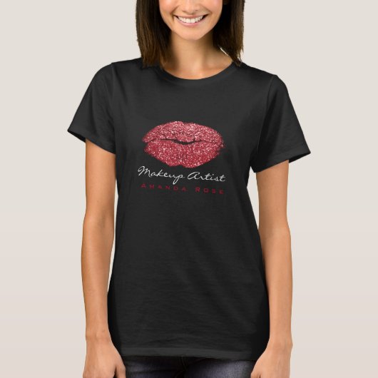 Makeup Artist Black Kiss Lips Red Rose Glitter T-shirt (Voorkant)