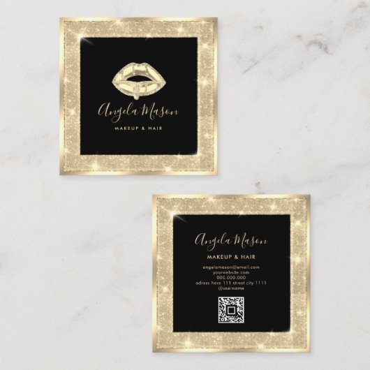 Makeup Artist Chic Salon QR Code Black Gold Vierkante Visitekaartje (Voorkant / Achterkant)