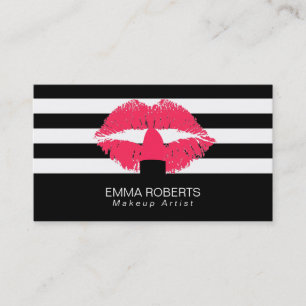 Makeup Artist Classy Black White Stripes Red Lips Visitekaartje