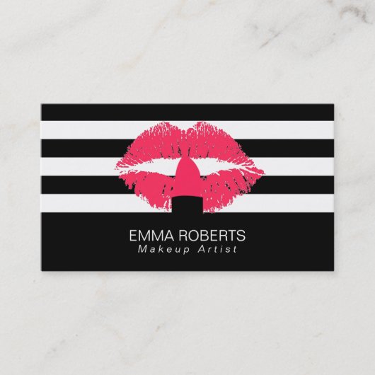 Makeup Artist Classy Black White Stripes Red Lips Visitekaartje (Voorkant)
