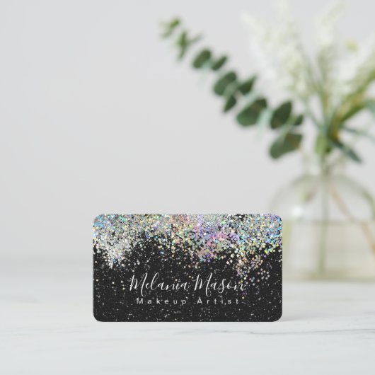 Makeup Artist Elegant Holografyc Glitter Black Visitekaartje (Staand voorkant)