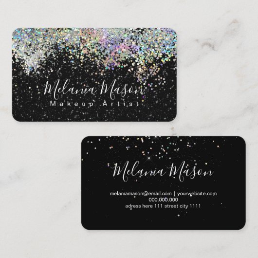 Makeup Artist Elegant Holografyc Glitter Black Visitekaartje (Voorkant / Achterkant)