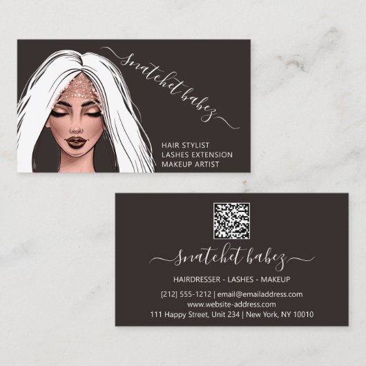 Makeup Artist Eyelash Haar Brows QR Code Black Visitekaartje (Voorkant / Achterkant)