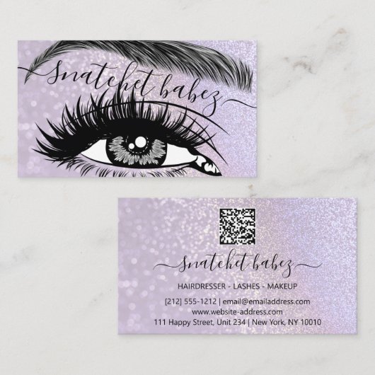 Makeup Artist Eyelash Haar Brows QR Code Paars Visitekaartje (Voorkant / Achterkant)