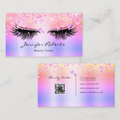 Makeup Artist Eyelash Holographic Glitter QR Roze Visitekaartje (Voorkant / Achterkant)