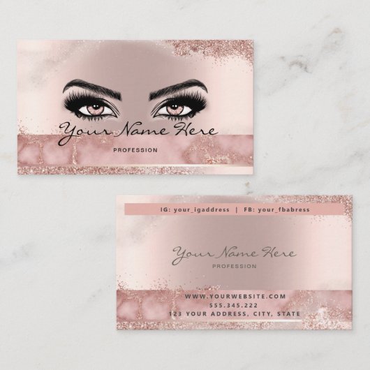 Makeup Artist Eyelash Lashes Glitter Roos script Visitekaartje (Voorkant / Achterkant)