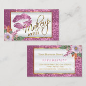 Makeup Artist - Floral roze glitter Lip Design Visitekaartje (Voorkant / Achterkant)