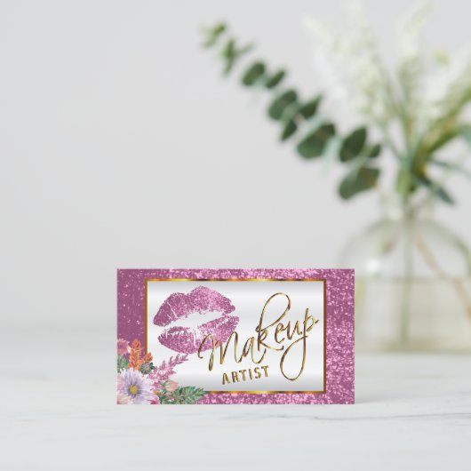 Makeup Artist - Floral roze glitter Lip Design Visitekaartje (Staand voorkant)