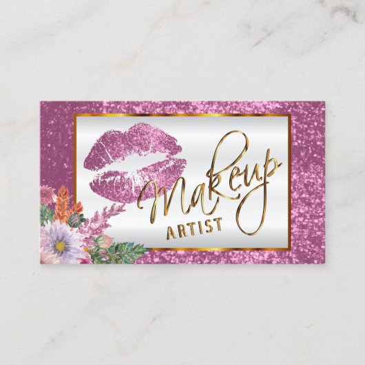 Makeup Artist - Floral roze glitter Lip Design Visitekaartje (Voorkant)