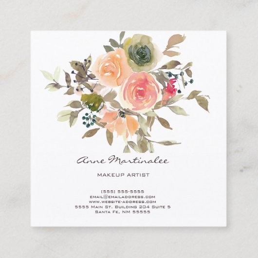 Makeup Artist Floral Waterverf Boho Vierkante Visitekaartje (Achterkant)