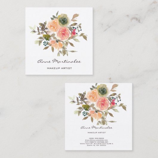 Makeup Artist Floral Waterverf Boho Vierkante Visitekaartje (Voorkant / Achterkant)