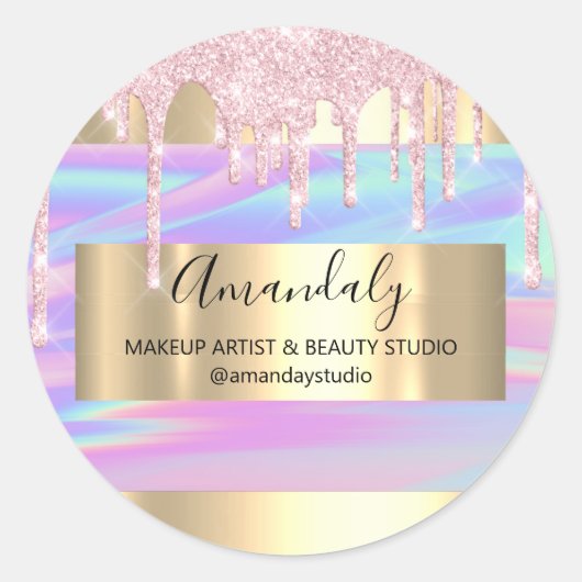 Makeup Artist Glitter Drip Gold Framed Holograaf Ronde Sticker (Voorkant)