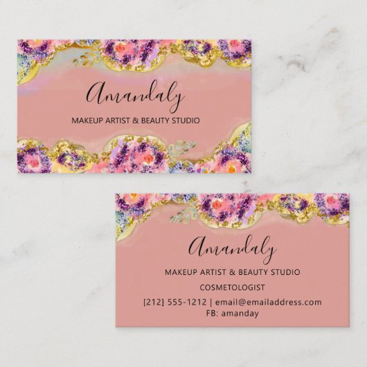 Makeup Artist Glitter Gold Cosmetics Floral Visitekaartje (Voorkant / Achterkant)