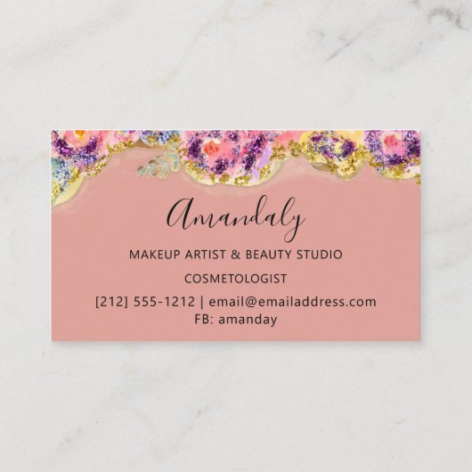 Makeup Artist Glitter Gold Cosmetics Floral Visitekaartje (Achterkant)
