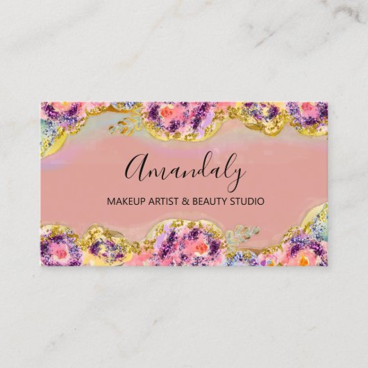 Makeup Artist Glitter Gold Cosmetics Floral Visitekaartje (Voorkant)