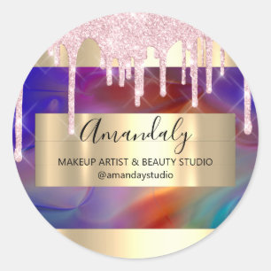 Makeup Artist Glitter Gold Framed Pink Holograaf Ronde Sticker