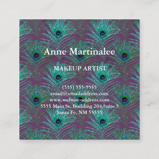 Makeup Artist Glitter Peacock Feather Vierkante Visitekaartje (Achterkant)