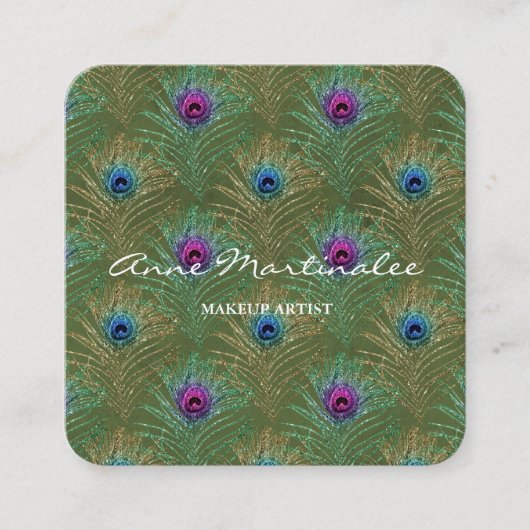 Makeup Artist Glitter Peacock Feathers Green Vierkante Visitekaartje (Voorkant)
