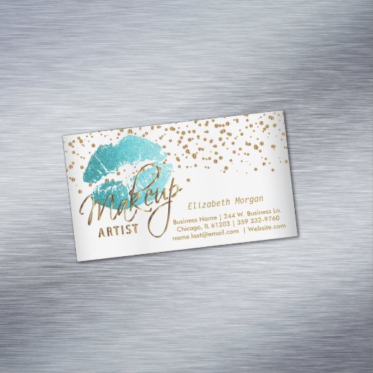 Makeup Artist - Gold Confetti & Blauwgroen lips -  Visitekaartje Magneet (Voorbeeld)
