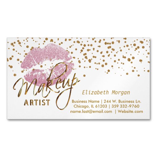 Makeup Artist - Gold Confetti en roze Lips 2 Visitekaartje Magneet (Voorkant)