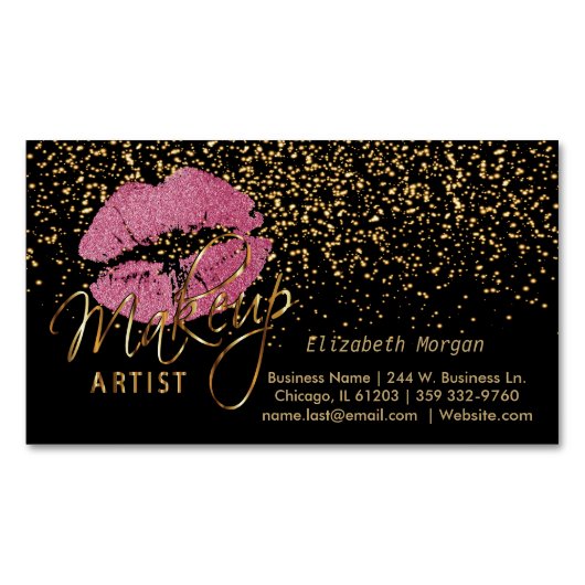 Makeup Artist - Gold Confetti en roze lips Magnetisch Visitekaartje (Voorkant)
