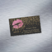 Makeup Artist - Gold Confetti en roze lips Magnetisch Visitekaartje (Voorbeeld)