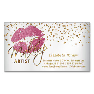 Makeup Artist - Gold Confetti en roze lips Magnetisch Visitekaartje