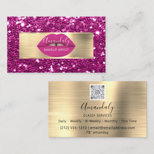 Makeup Artist Gold Glitter QR Code Logo Roze Lip B Visitekaartje (Voorkant / Achterkant)
