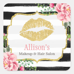 Makeup Artist Gold Lips Blush Pink Floral Stripes Vierkante Sticker