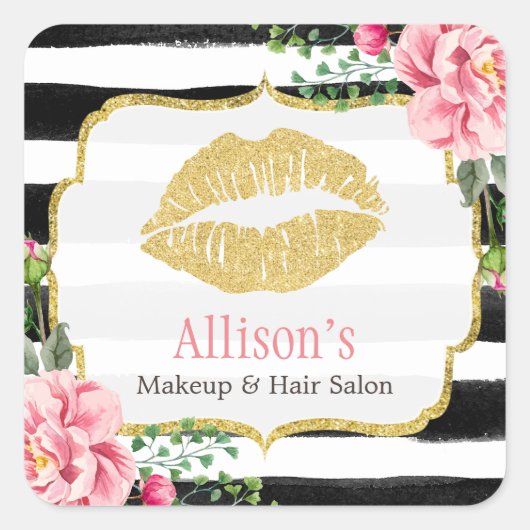 Makeup Artist Gold Lips Blush Pink Floral Stripes Vierkante Sticker (Voorkant)